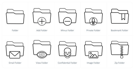 A set of 10 Folder icons as folder, add folder, minus folder