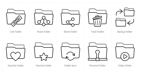 A set of 10 Folder icons as link folder, share folder, trash folder