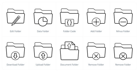 A set of 10 Folder icons as edit folder, data folder, folder code