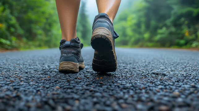 back view of a backpacker's feet walking on an empty asphalt road - Powered by Adobe