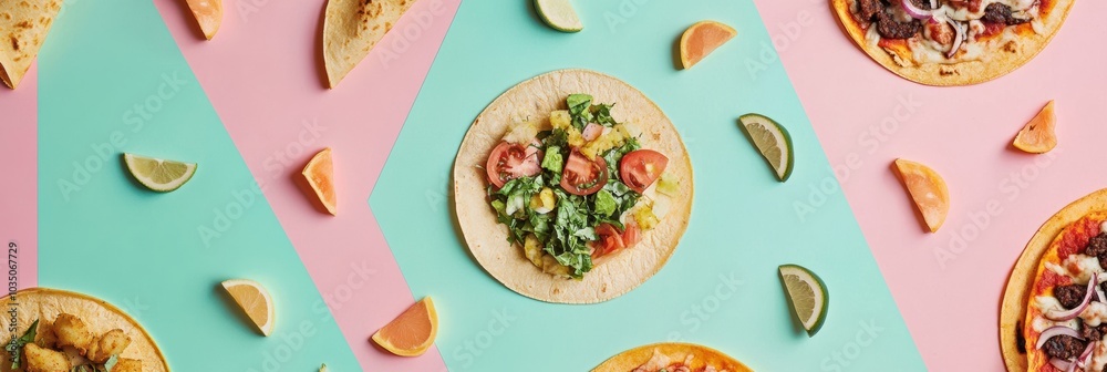 Poster a colorful presentation showcases tacos and pizza geometrically arranged with fresh lime and lemon g