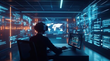 Fototapeta premium Virtual office in the metaverse, employees working in immersive digital spaces, VR environment with interactive elements.