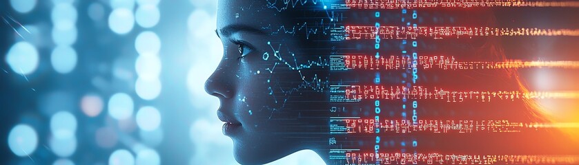 Profile of a woman with digital patterns and glowing lights, symbolizing technology and innovation in the modern age.