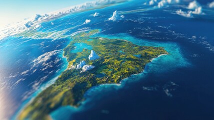 Aerial view of lush green island surrounded by turquoise ocean waters under clear blue sky