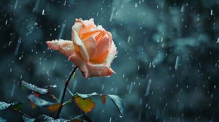 A solitary apricot rose growing in the yard encircled by drops of dew and a backdrop of rain