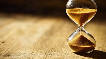 Antique hourglass with golden sand on wooden surface