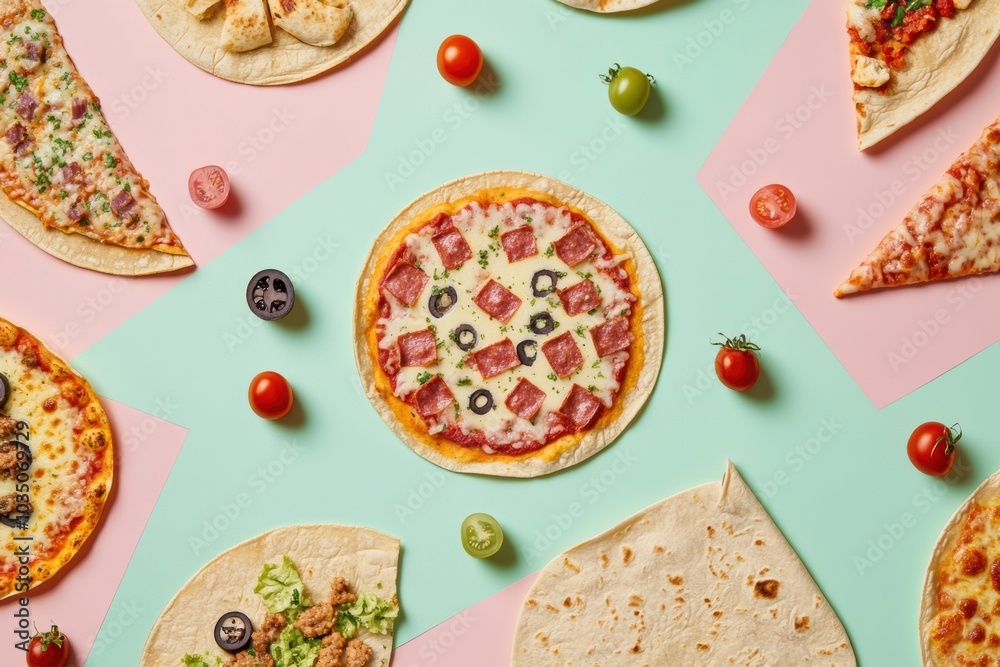 Poster a colorful display of tacos and pizzas creatively arranged in geometric order showcases popular stre
