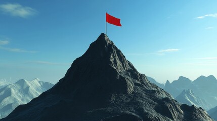A towering mountain peak with a red flag waving atop, surrounded by majestic blue skies and distant snowy mountains.