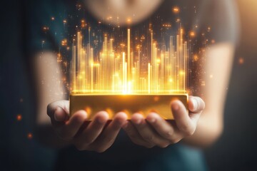 Investor holding a gold bar with a digital stock graph overlay