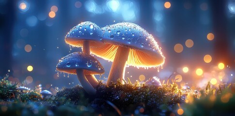 Glowing forest mushrooms adorned with water droplets in the enchanting early morning sunlight.