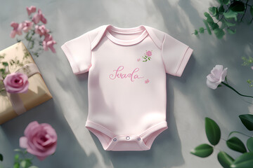 Customembroidered baby onesie with name, adorable gift packaging, 3D illustration