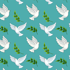 Pattern with doves on a colored background.Vector seamless pattern with doves and green branches on a colored background.
