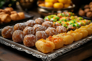 Assorted Indian sweets like laddoos and barfis arranged on a silver tray, festive decor in the background