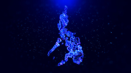 Abstract Philippines map design, featuring glowing blue hairlines, dynamic flowing patterns, and scattered bokeh dot particles, creating a tech-inspired and modern digital aesthetic