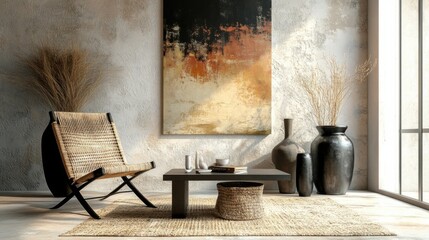 Living room with table vases sculptures chair woven seat abstract painting minimalist interior design
