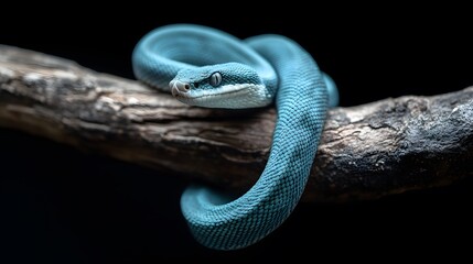 Obraz premium A cyan snake slithering on the branch, its body coiled around and it has an extremely long tongue sticking out of one end
