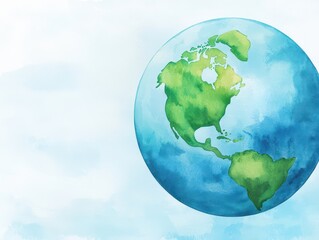 Naklejka premium A gentle watercolor rendering of Earth showcasing lush landscapes and vibrant colors, celebrating nature's beauty.