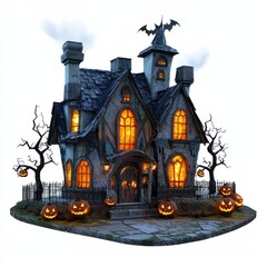 3D Render, Low Poly style of a spooky theater set with ghostly performers and cobwebs, on isolated white background