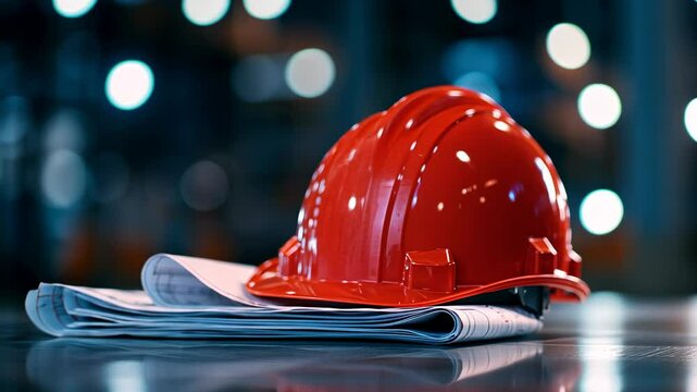Red Hard Hat on Blueprints.