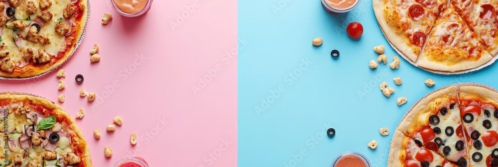 Poster street vendors showcase an array of delicious tacos and pizzas, perfectly geometrically arranged for