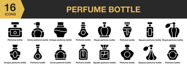 Perfume bottle solid icon set. Includes perfume bottle icons, and More. Solid icons vector collection.