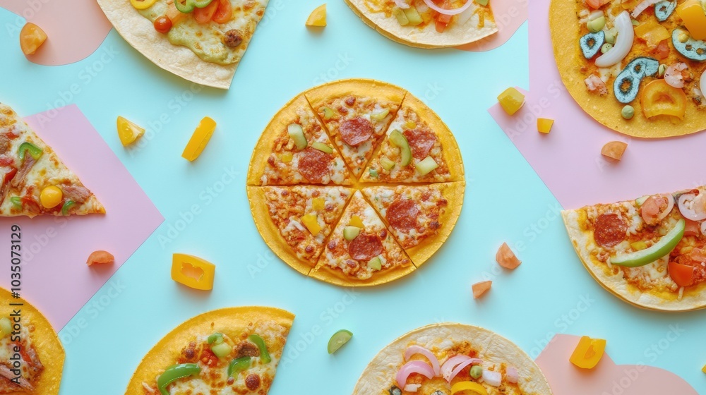 Poster Street food items including tacos and pizza are creatively arranged in geometric patterns on a colorful surface during a daytime gathering. Generative AI