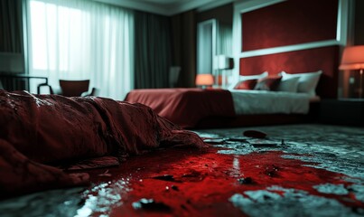 Blood stains a luxurious hotel room.