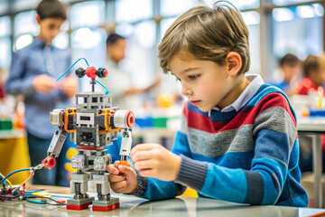 Child building robot at science fair