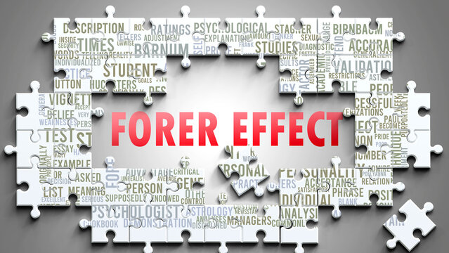 Forer Effect as a complex subject, related to important topics. Pictured as a puzzle and a word cloud made of most important ideas and phrases related to forer effect. ,3d illustration
