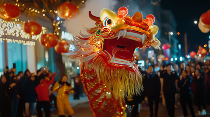Colorful chinese dragon costume parading at night surrounded by a crowd taking pictures with their phones