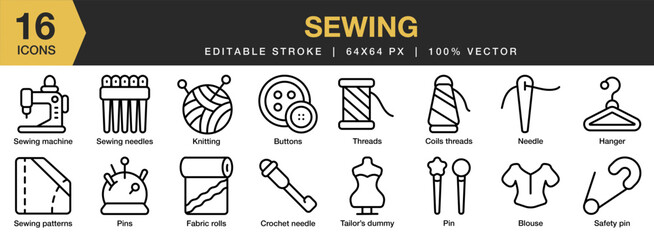 Sewing icon set. Editable Stroke Icon Collection. Includes blouse, buttons, coil threads, fabric roll, hanger, and More. Outline icons vector collection.