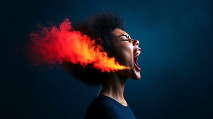 A striking image of a woman screaming, with vibrant flames emerging from her mouth, symbolizing intensity and power.