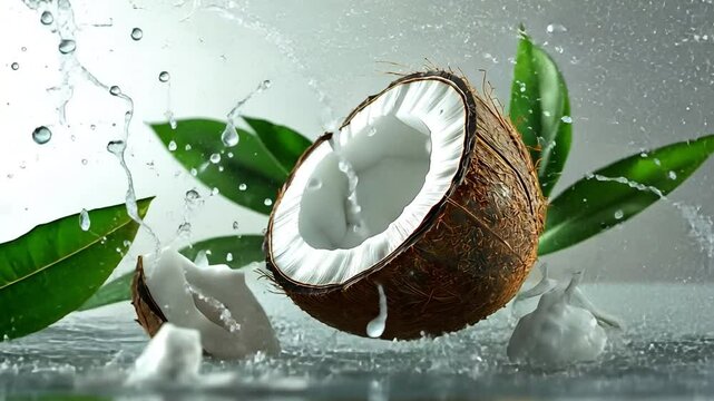 Painting of a broken coconut with flora on a white background