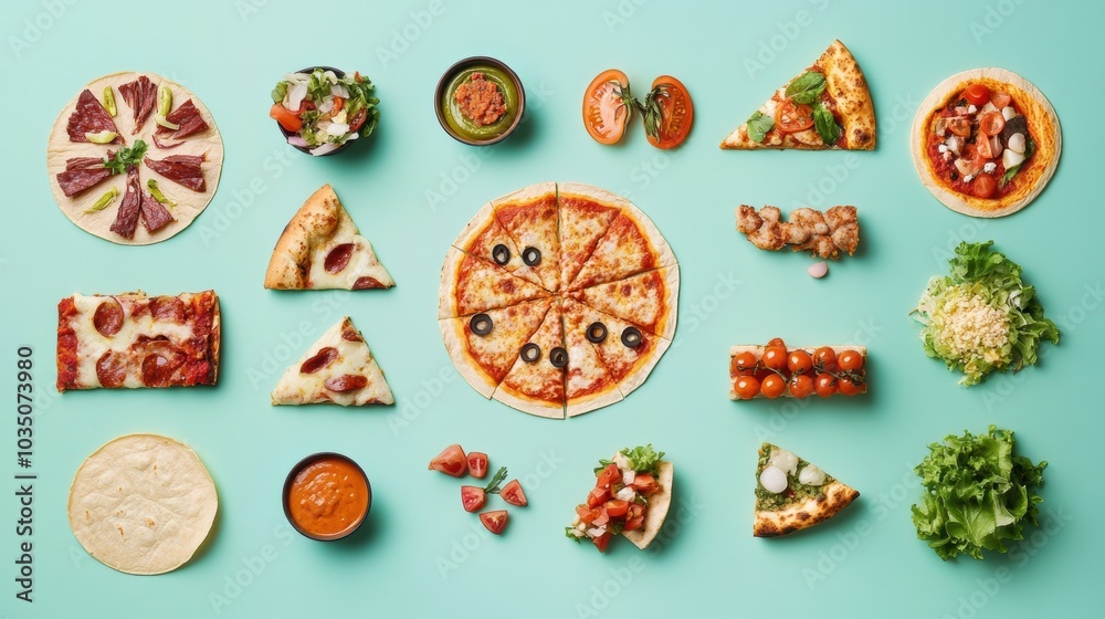 Aufkleber An array of colorful street food items including tacos and pizza is artistically laid out in a geometric pattern on a turquoise background. Generative AI