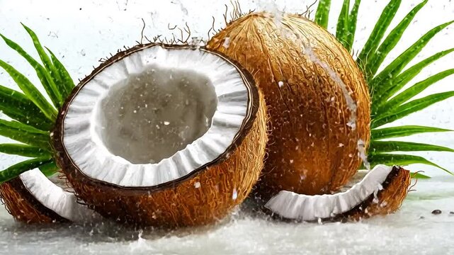 Painting of a broken coconut with flora on a white background