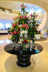 Beautiful luxurious bouquet fresh flowers, flower arrangement in the hotel lobby.