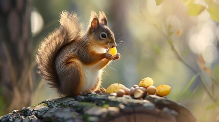 Obraz premium A squirrel eating a tiny birthday slice while sitting on an outdoor passenger