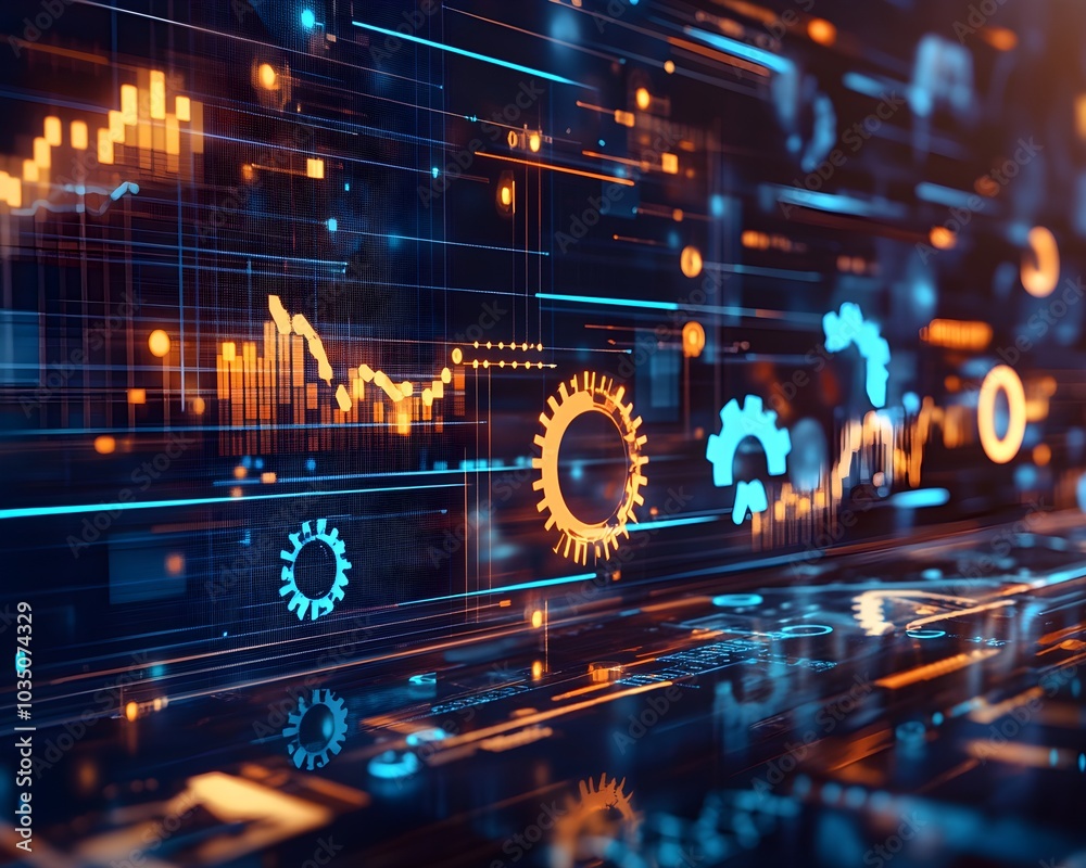 Poster abstract futuristic digital data network interface with glowing cogs and data visualization