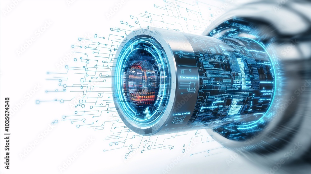 Poster cybernetic core: futuristic technology. a mesmerizing close-up of a technologically advanced cyberne