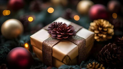 Decorative Pine Cones and  Gift Box with Glitter Ribbon Decorated with Holiday Cheer