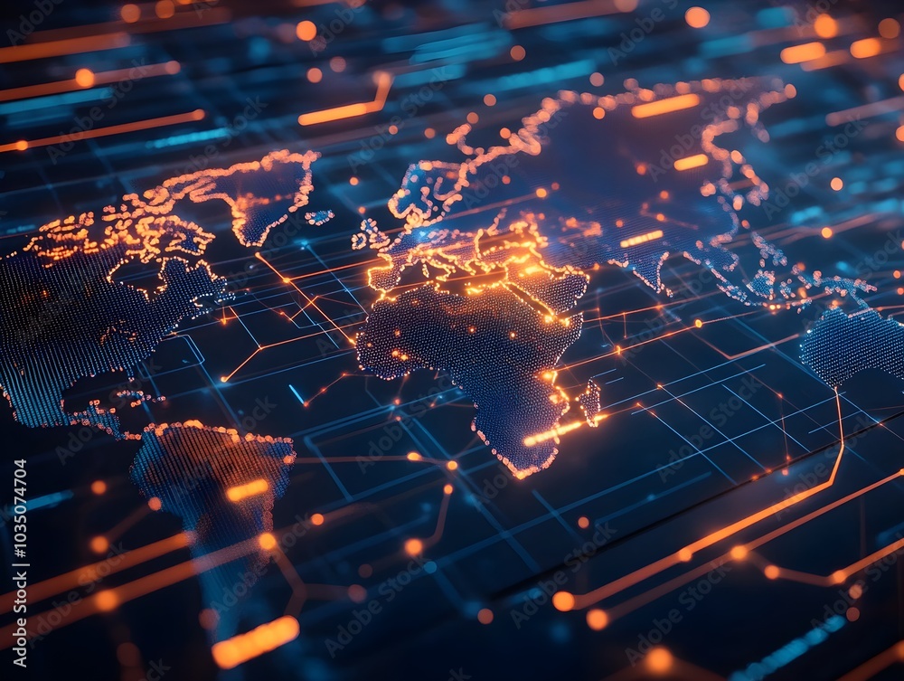 Poster global network connection digital world map with lines and dots