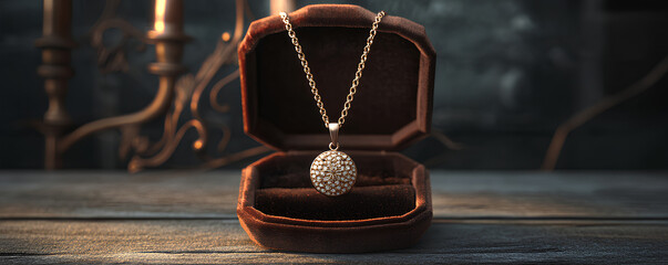 Customized pendant necklace in velvet box, elegant design, 3D illustration