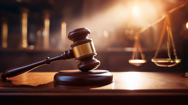 Martillo de juez sobre mesa de madera 