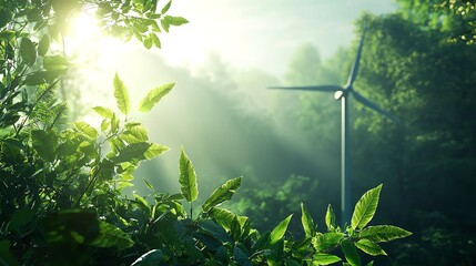A serene image of green leaves and a small wind turbine amidst nature, symbolizing sustainable energy with visible dew drops on the foliage.