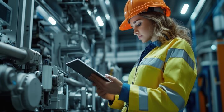 Female Worker in Safety Gear Using Tablet at Factory