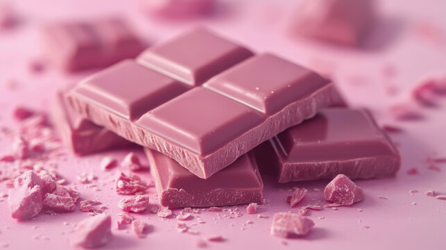 A close-up of a pink ruby chocolate bar broken into pieces, with scattered crumbs on a matching pink background, highlighting its unique color and texture