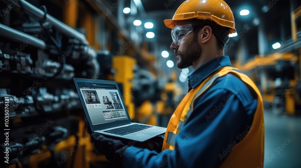 Poster engineer operating robot with tablet in factory setting