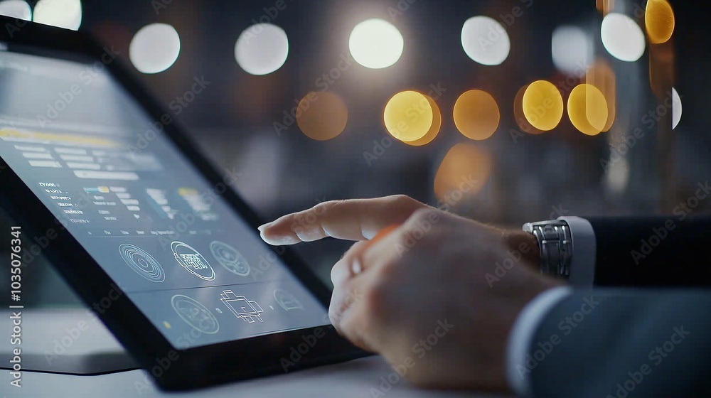 Poster data driven decisions: a businessman's hand points at a futuristic tablet screen filled with dynamic