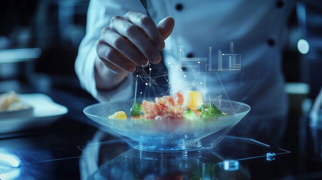 A chef experimenting with futuristic cooking techniques and molecular gastronomy to create avant-garde dishes in a high-end restaurant kitchen, Modern lifestyle scene, Futuristic culinary art style
