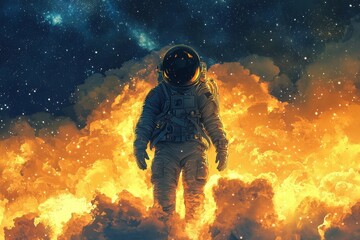 Astronaut Facing Fiery Space Explosion in Dramatic Cosmic Scene